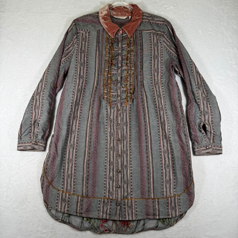 Soft Surroundings Embroidered Mesh Back Tunic Shirt Gray Pink Velvet Collar L
